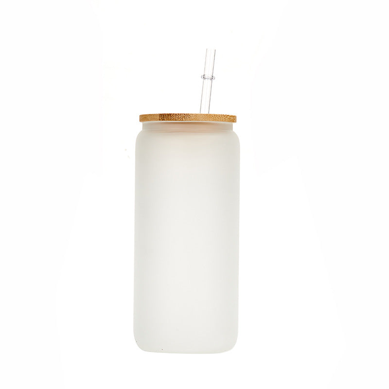 Frosted Glass Cup with Bamboo Lid and Straw, 16 oz