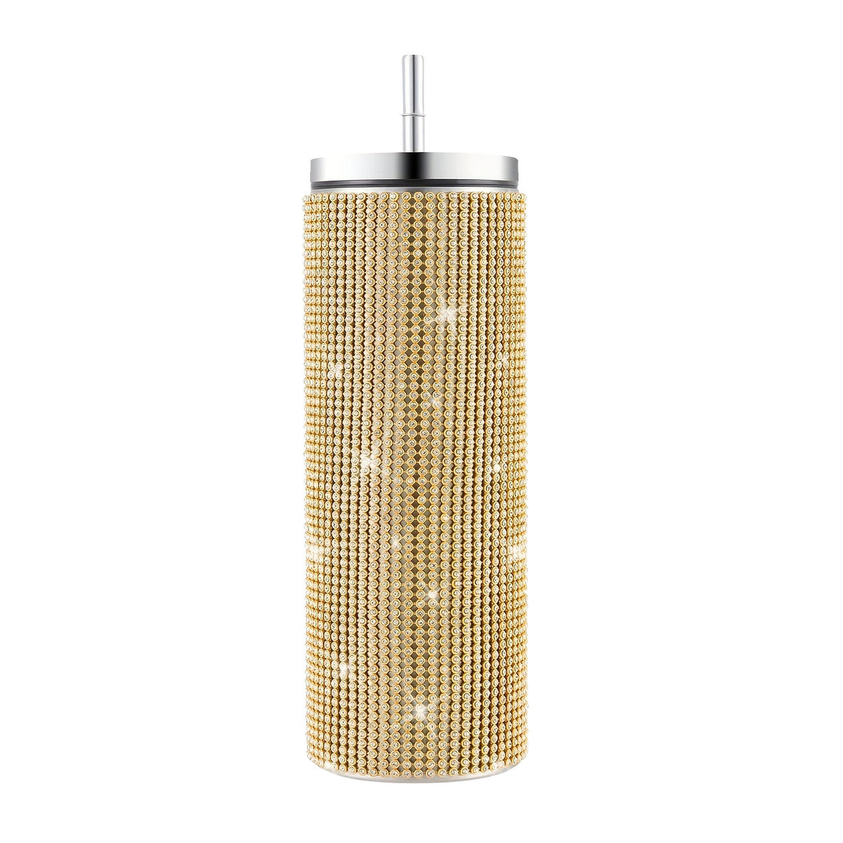 Gold-Tone Rhinestone Tumbler with Lid and Straw, 570 ml