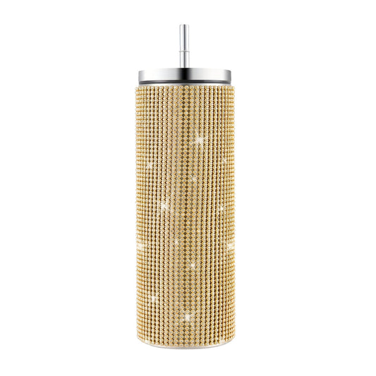 Gold-Tone Rhinestone Tumbler with Lid and Straw, 570 ml
